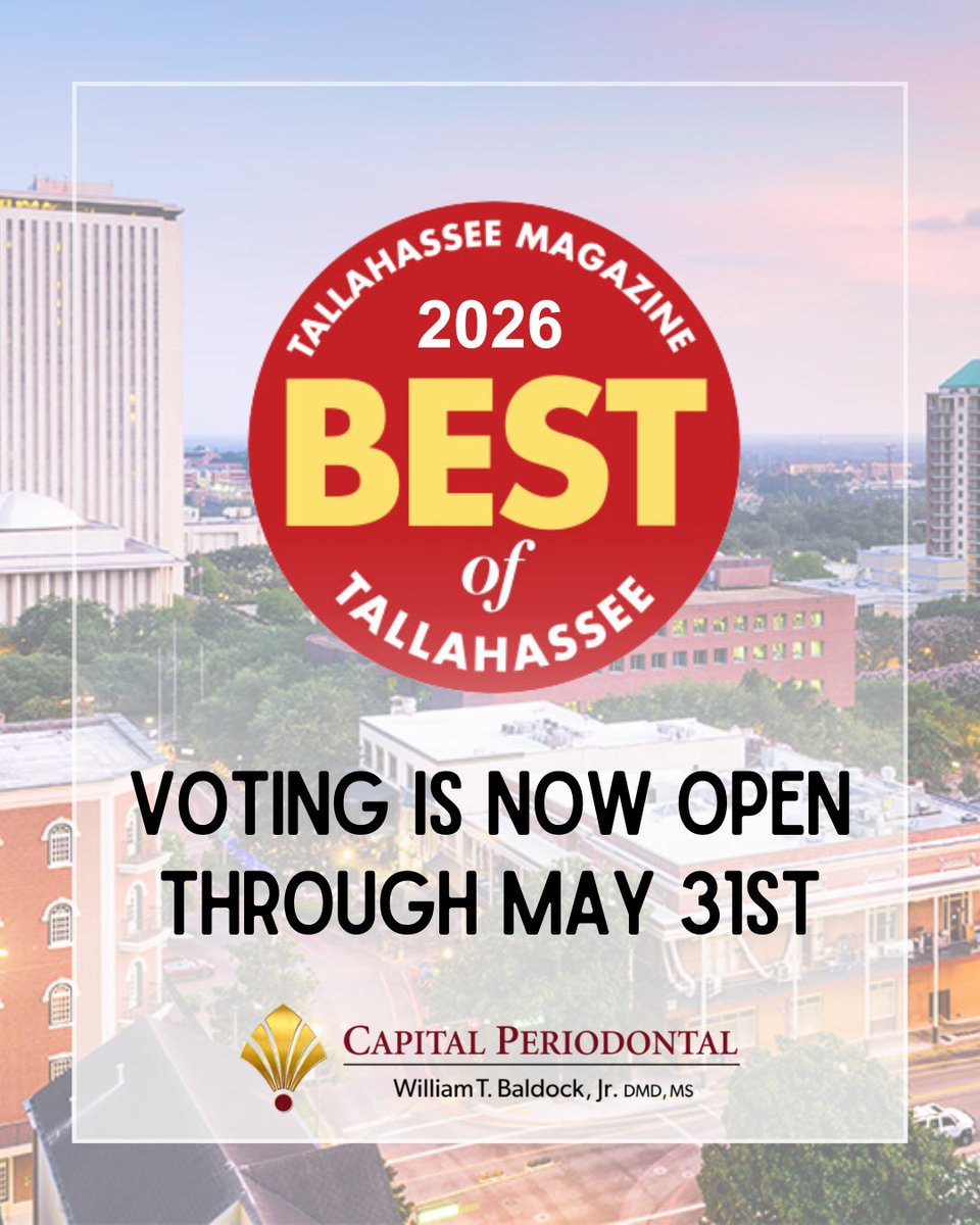 CPeriodontal's tweet photo. Voting is now OPEN! We would be honored to have your support and your vote for the 2026 Best of Tallahassee. If you are so inclined, please vote for us in the "Service Providers" section - Oral Health Care Specialty Practice.❤️
https://t.co/UU8yFq9Hzz
#bestoftallahassee https://t.co/slcf7R03tN