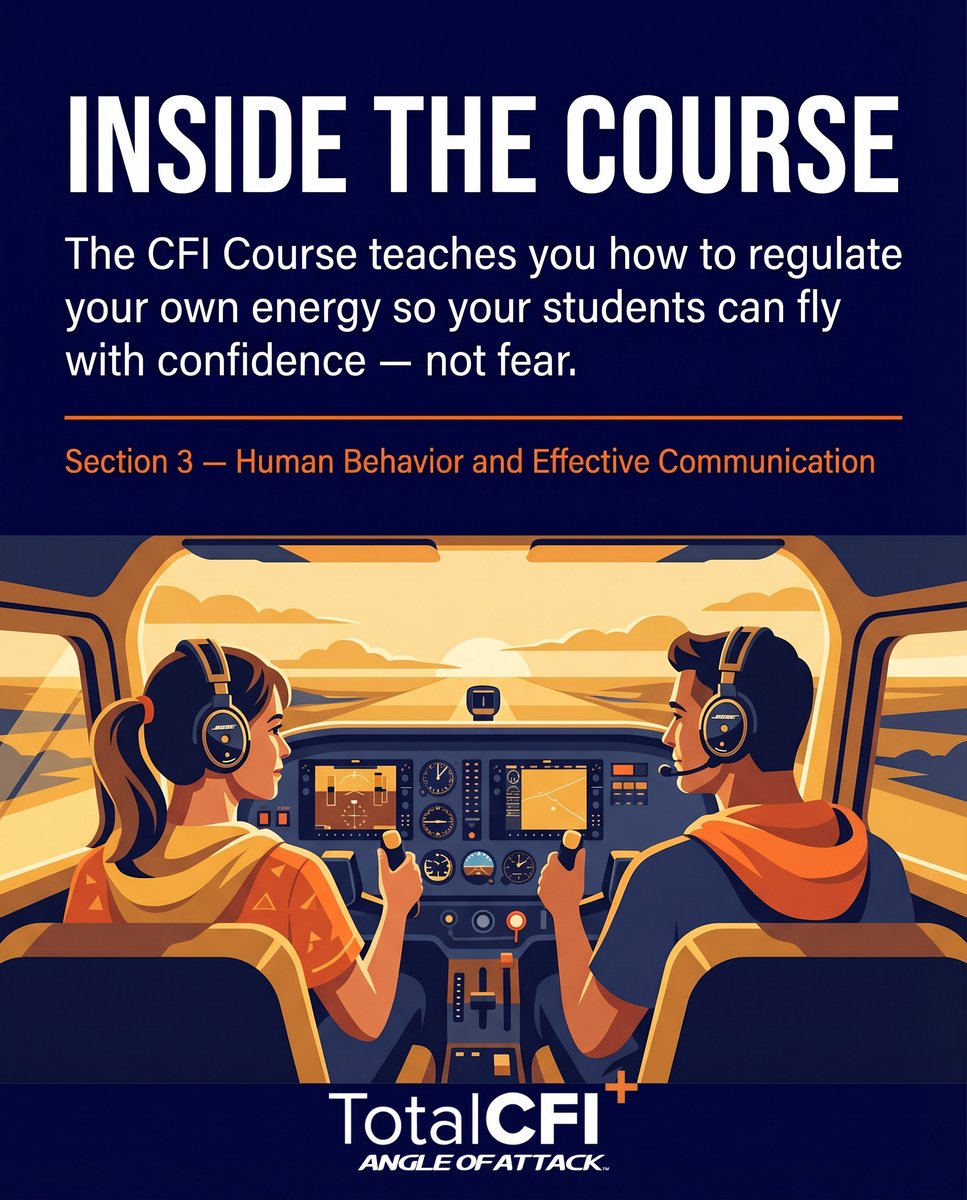 angleofattack's tweet photo. Research in aviation human factors consistently shows that instructor demeanor directly impacts student performance and anxiety levels.

A high-strung instructor produces anxious students who make more errors. A calm, regulated instructor produces students who can focus, process, and perform.

The TotalCFI course teaches instructors how to manage their own energy as a deliberate instructional tool.

Full course details at https://t.co/Nn1Is396X9.

#CFI #flying #aviation #studentpilot #learntofly