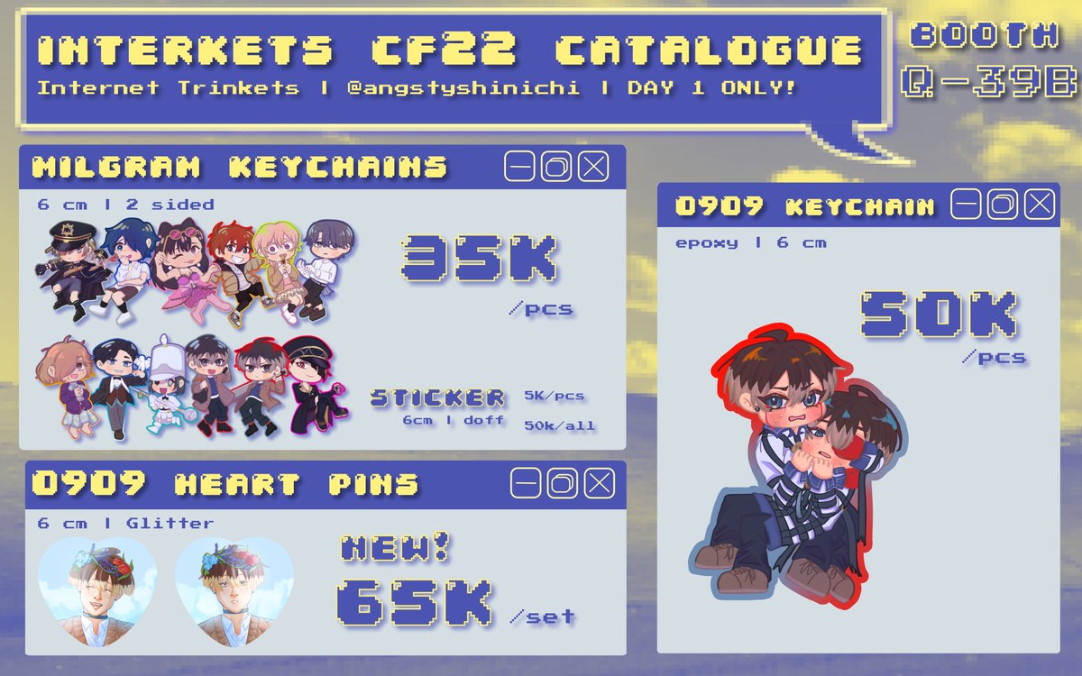 angstyshinichi's tweet photo. [RTs are appreciated!] Pixel's #CF22 OTS Catalogue !! 
📍Interkets Q-39B (Day 1 only)
💫Milgram, Detective Conan, Ave Mujica
Tags: #cf22 #comifuro22catalogue #comifuro22 https://t.co/3ty0N8rhiC