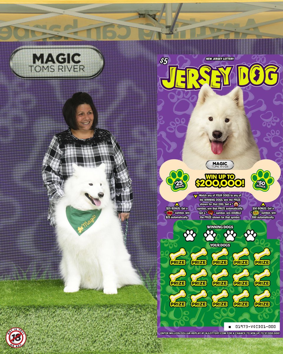 NJLottery's tweet photo. 🐶 Smile for the camera! 📸 You can see Magic's smiling face and many more on our NEW $5 Jersey Dog Scratch-Offs! For Scratch-Offs game odds, visit https://t.co/LTUjX9ZRRv. #ScratchOffsSaturday https://t.co/uHiptp02cl