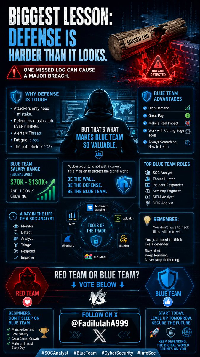 FadilulahA999's tweet photo. Biggest lesson: Defense is harder than it looks. One missed log can cause a major breach. Beginners, don’t sleep on Blue Team — great pay and massive demand. Red Team or Blue Team? Vote below #SOCAnalyst #BlueTeam #CyberSecurity #InfoSec #inforgraphics https://t.co/VXsX0XTB0l