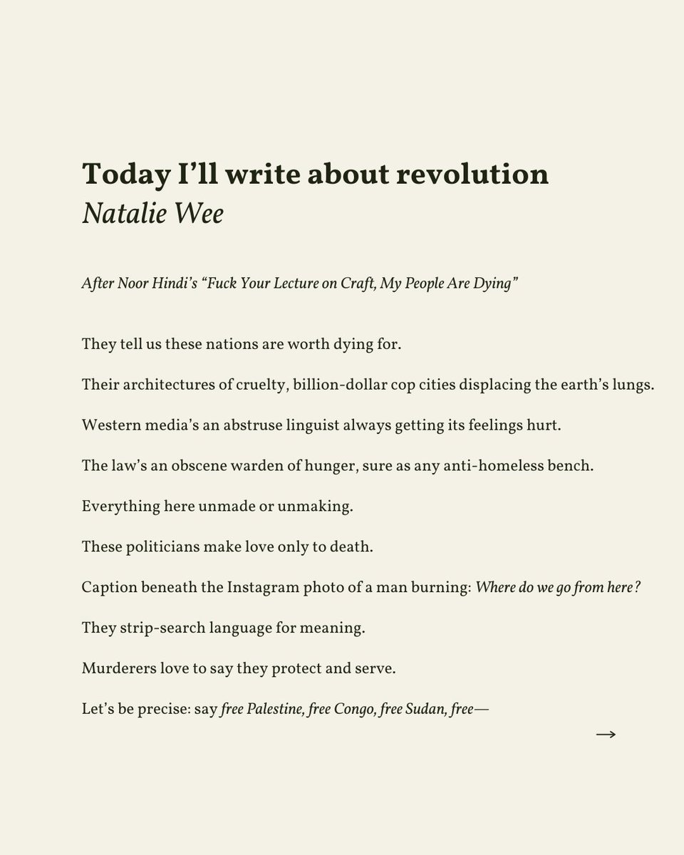 readalittlepoem's tweet photo. “Murderers love to say they protect and serve.”

— Natalie Wee (@natweewriter)

.
.
.

This poem appeared in Protean Magazine, 2024. Shared here with deep gratitude. https://t.co/A9jPtU6ocv