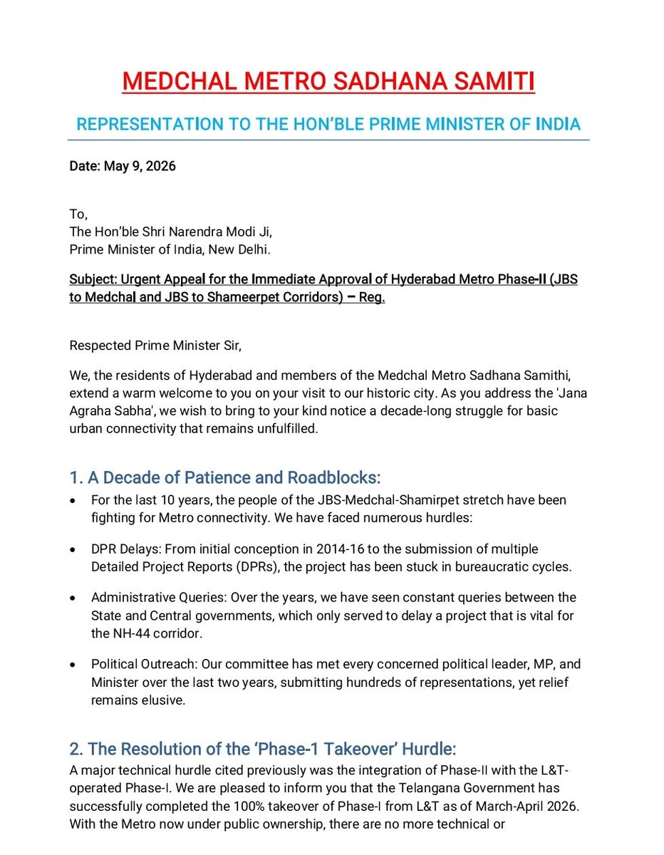 MahenderVanga's tweet photo. Hon’ble @narendramodi Ji, as you visit Hyd for #JanaAgrahaSabha, we submit this urgent plea for #MedchalMetro Phase-II. After 10 years of roadblocks &amp; the successful takeover of Phase-I, we need Metro DPR approval, NOT a new RRTS twist. Please grant our wish! 🚇🙏
 @PMOIndia https://t.co/tZLIh4mBi1
