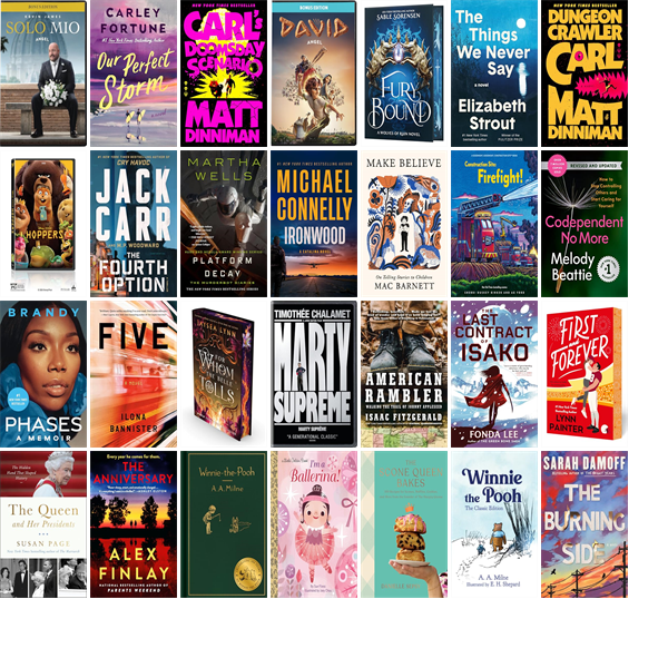 WRLibrary's tweet photo. This week the Williamsburg Regional Library has 544 new books and fifteen new movies.  New items include Solo Mio, The Calamity Club, Our Perfect Storm, 26 Beauties, Famesick, Carl's Doomsday Scenario, David, Fury Bound, and The Things We Never Say. https://t.co/jBgcQ8B0gT https://t.co/10XyGjmwW1