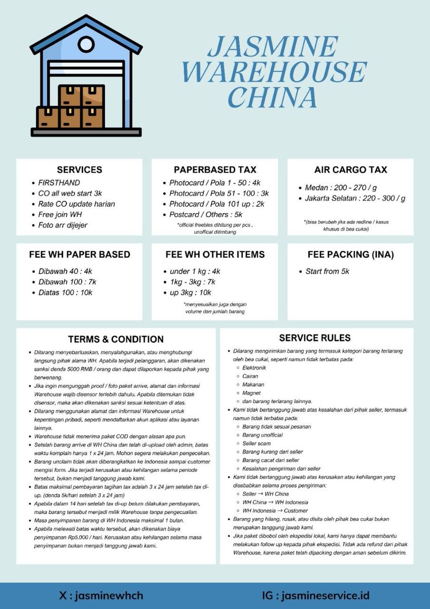 destijuha's tweet photo. 🌼 Jasmine Warehouse China 🌼
📦 SPESIAL BOX 3 FREE FEE WH 📦 
📍 Medan &amp; Jakarta

⤵️ Apa aja yg kami tawarkan??
🌼 Rate harian TERENDAH
🌼 Tax air cargo start 200/g
🌼 Tax paper based start 2k
🌼 Bisa CO all web China https://t.co/7kTOOlFIy5