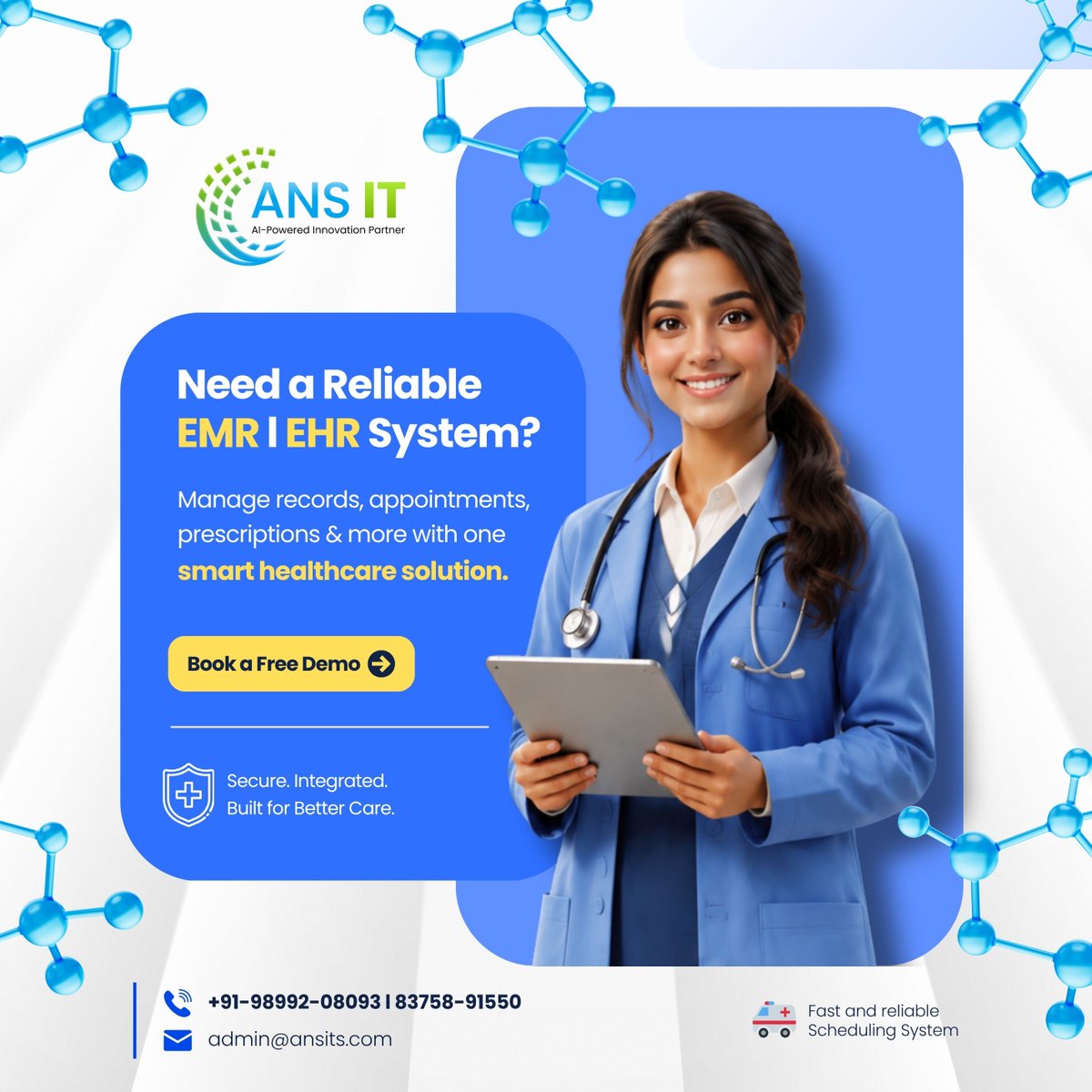 ServicesAns's tweet photo. Need a Reliable EMR | EHR System?
Streamline your healthcare operations with a smarter, faster, and fully integrated solution.
📋 Manage patient records effortlessly
📅 Simplify appointment scheduling
📞 +91-98992-08093 | 83758-91550
📧 admin@ansits.com https://t.co/67mpOQXTUr