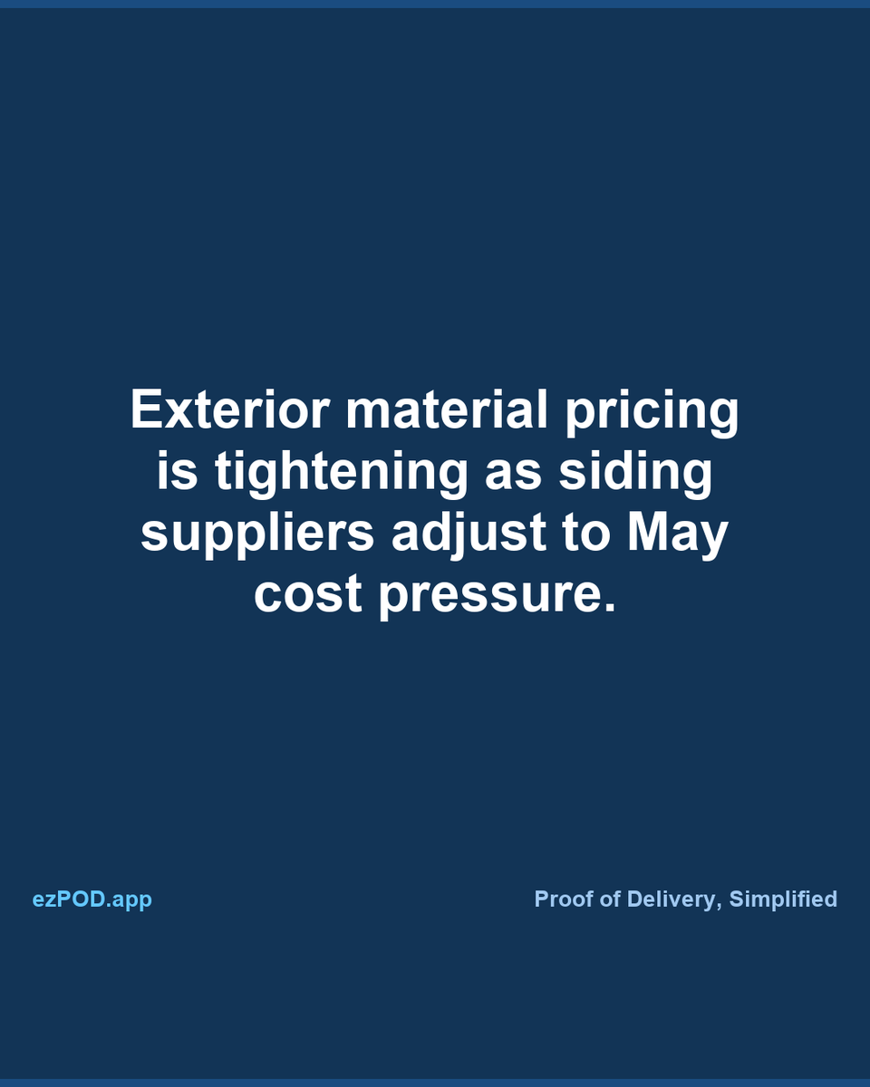 ezpodapp's tweet photo. Siding suppliers are entering May with price pressure across vinyl, soffit, trim, and exterior accessories. Shorter quote windows and earlier package confirmation matter now. https://t.co/mm3Y1sJaVd https://t.co/KI8hVoKY1a