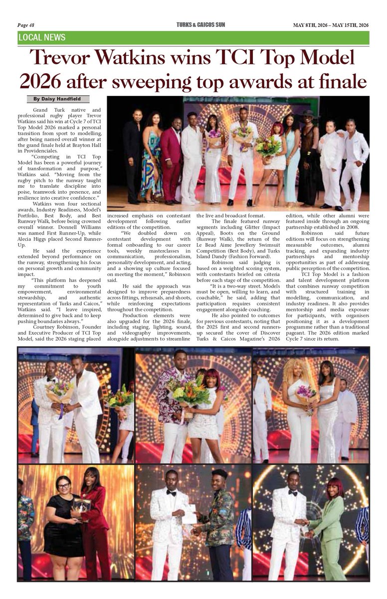 TCISTOPMODEL's tweet photo. TCI Top Model in the media - 8th to 15th May, 2026: Turks and Caicos Weekly News, Newsline TCI, Turks and Caicos SUN Newspaper. All Out now. #TCITopModel #TrevorWatkins #TCWeeklyNews #TheSunTCI #NewslineTCI #BeautyPersonified #Cycle7 https://t.co/ov8RwLqUaX