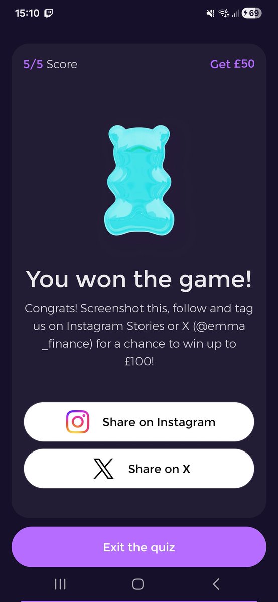 Ucepia's tweet photo. Just aced the @emma_finance quiz with a perfect 5/5 score! 🎉 Think you can beat me? #EmmaQuiz https://t.co/oK7l9wwmz9