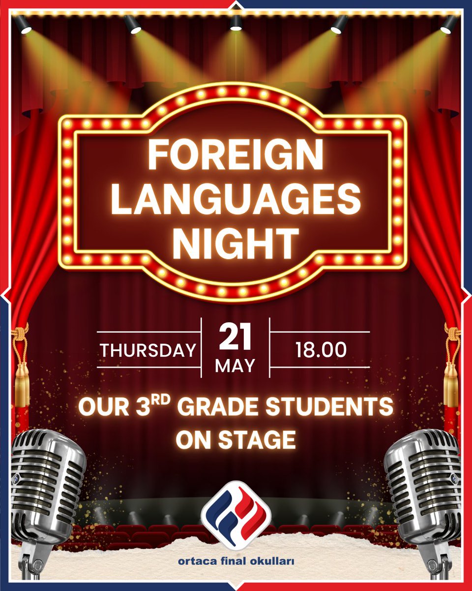 Bu seneki özel konseptimiz olan Foreign Languages Night/ Yabancı Diller Gecesinde, 3.sınıf öğrencilerimiz birbirinden renkli performanslarıyla sahnede olacak. 🎭🎶📚

🗓️21 Mayıs 2026 Perşembe 
⏰18.00
📍Doğan Cüceloğlu Konferans Salonu