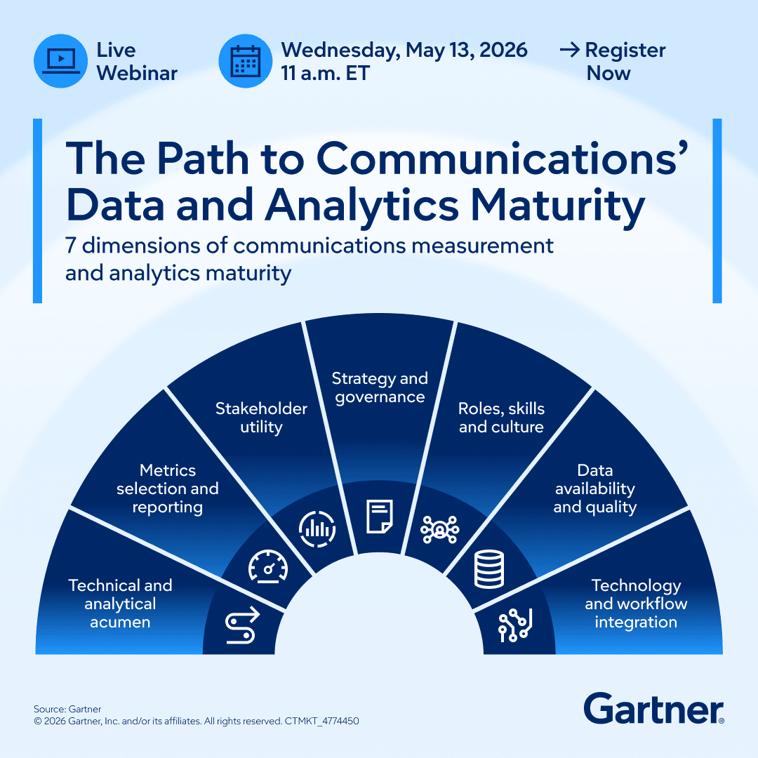 Gartner_inc's tweet photo. CCOs face rising pressure to prove value with measurement and analytics: https://t.co/wMxLJQgTt4
Discover top CMA use cases, maturity levels, and action steps for 2026 to become a strategic, data-driven partner in our webinar.
#GartnerComms #CCO #CommsStrategy https://t.co/ww1V1q5zxK