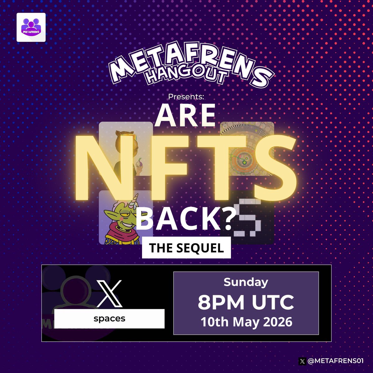 Join us tomorrow for another amazing episode of the Metafrens Hangout.

Are NFTs back? Again?? 🤯

We know we say this all the time, but the market is heating up, and we might just be back for good. 

Grab a seat, bring a friend with you, and tune into the discussion to share