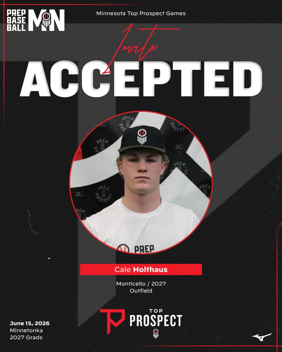 PrepBaseballMN's tweet photo. #𝗠𝗡𝗧𝗣𝗚𝟮𝟲: 𝗜𝗻𝘃𝗶𝘁𝗲 𝗔𝗰𝗰𝗲𝗽𝘁𝗲𝗱 ✅

𝗣𝗿𝗼𝘀𝗽𝗲𝗰𝘁: Cale Holthaus
𝗖𝗹𝗮𝘀𝘀: 2027
𝗛𝗦: Monticello
𝗣𝗢𝗦: OF

👤: https://t.co/d8u0QTyonK | @HolthausCale

𝚁𝚎𝚚𝚞𝚎𝚜𝚝 𝚈𝚘𝚞𝚛 𝙸𝚗𝚟𝚒𝚝𝚎 (𝟸𝟶𝟸𝟽 𝙶𝚛𝚊𝚍𝚜)⤵️
https://t.co/4KCsxloECV https://t.co/zjyftzkKPf