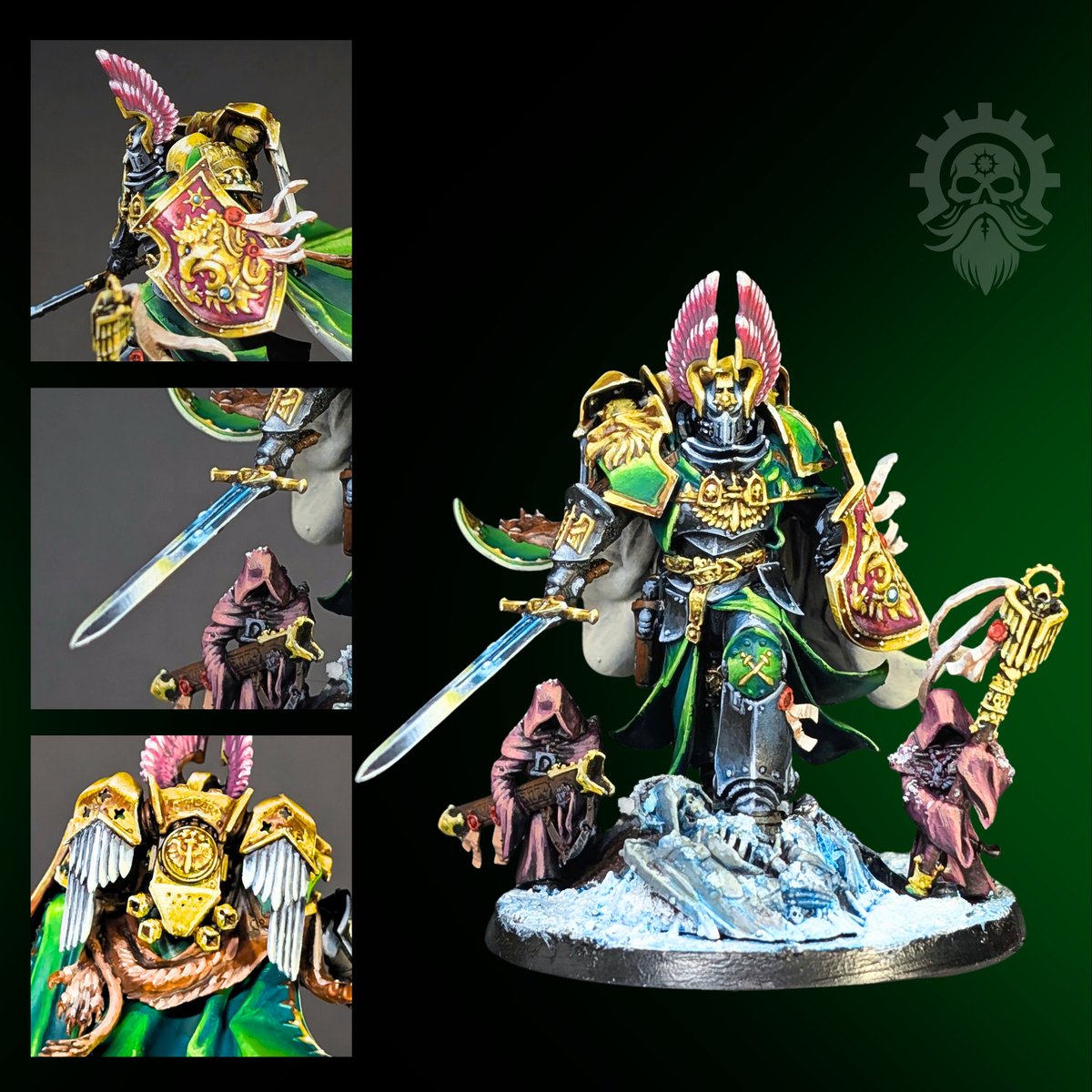 DavidStacy410's tweet photo. To bring glory to THE EMPEROR AND THE LION! 

Finished this amazing model. Loved every minute of painting Lion El'jonson. 

 Need to sell it before the Armageddon box set releases so I can justify buying it 🤣🤣🤣 https://t.co/6zSvG7n54y