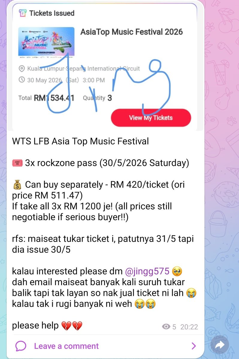 [Help RT Needed!]
Helping out dear <a href="/tixbyjing/">jing | ticketing service 🎫</a>!
🎫 Asia Top Festival – Day 1 (Rockzone)
💰 RM420/ea (RM1200 all three)

Anyone interested may dm 🙏🏼
100% trusted seller I've secured mine from hers! ^^

#AsiaTopFestival #pasarnmixx #pasarwinner <a href="/pasar_nmixx/">Pasar NMIXX | Open DM | Rules cek Pinnned</a> <a href="/pasarWINNER/">🇲🇾 MYICs x Ꮤ #pasarWINNER</a>