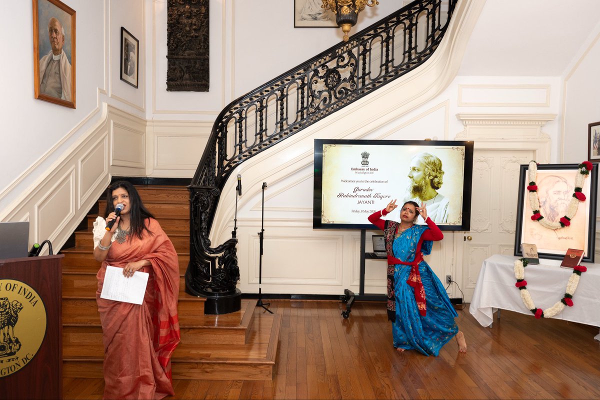 IndianEmbassyUS's tweet photo. Celebrated the birth anniversary of Gurudev Rabindranath Tagore with great joy, warmth, and cultural spirit. The evening was filled with soulful songs, recitations, dance performances, and heartfelt tributes to the timeless legacy of Gurudev. https://t.co/I2wNOf3pNq