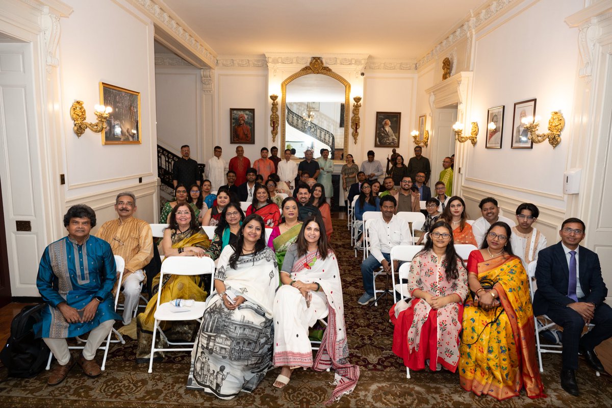 IndianEmbassyUS's tweet photo. Celebrated the birth anniversary of Gurudev Rabindranath Tagore with great joy, warmth, and cultural spirit. The evening was filled with soulful songs, recitations, dance performances, and heartfelt tributes to the timeless legacy of Gurudev. https://t.co/I2wNOf3pNq
