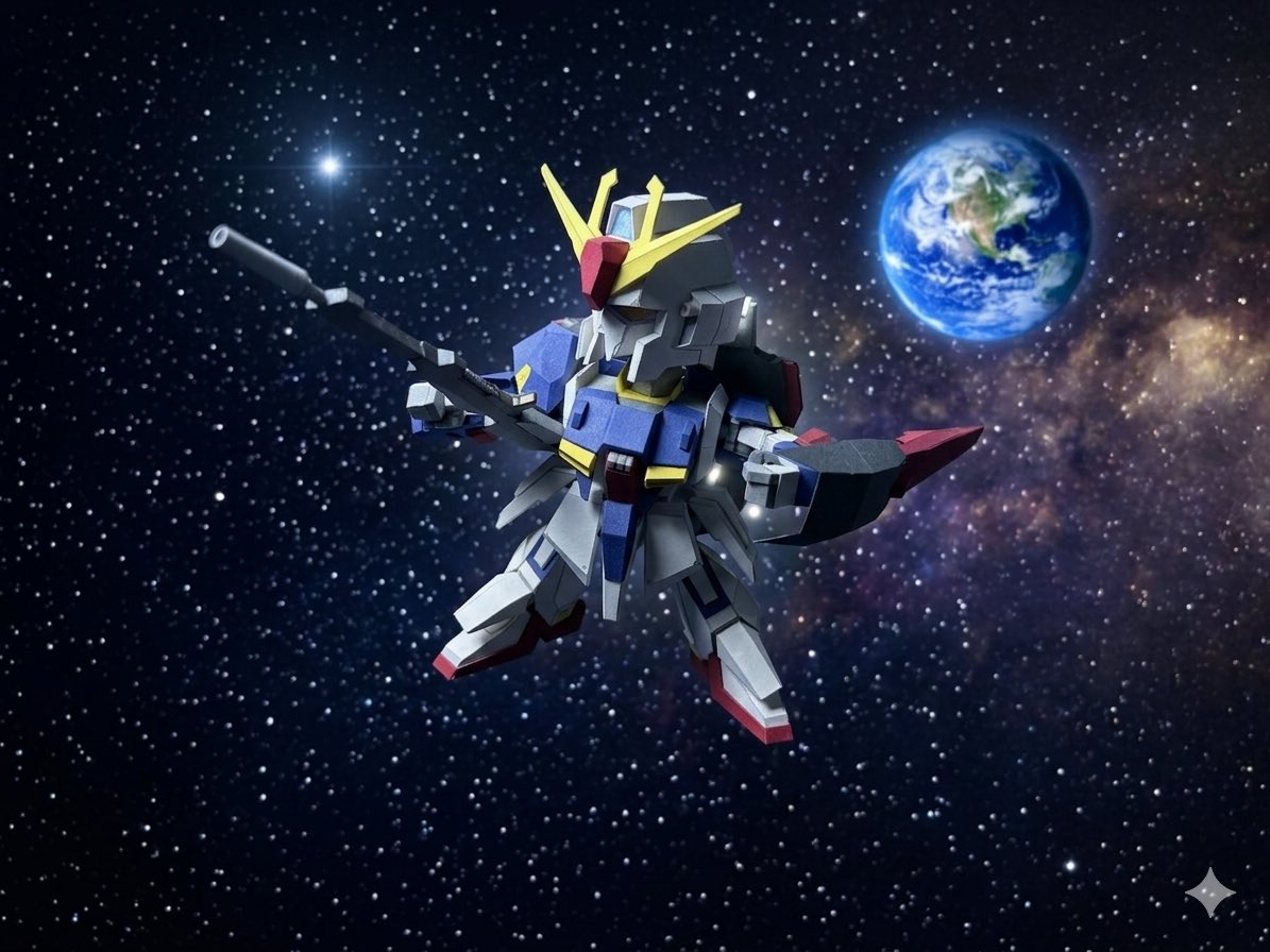 ペーパークラフトZガンダム完成しました。
ペーパークラフトとは思えないほど可動します。
実はビームライフルミスってます…
AIでデジラマみたいに宇宙空間の画像と合成してもらいました。
これから変形用差し替えパーツを作ります。
#ペーパークラフト
#Zガンダム