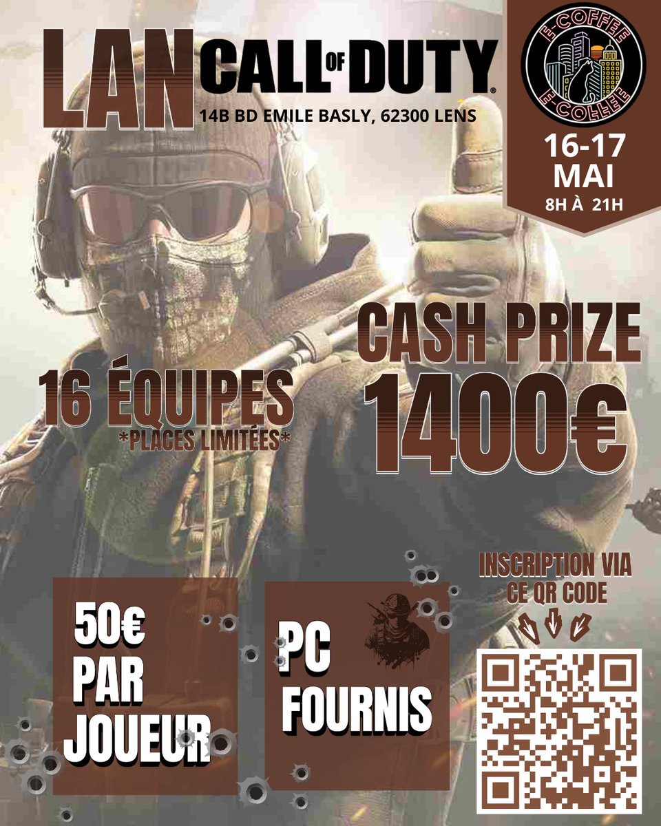 E_coffeeLens's tweet photo. 🚨 PLUS QUE 5 JOURS AVANT LA CLÔTURE DES INSCRIPTIONS 🚨

La LAN COD des 16 &amp; 17 MAI approche très vite 🔥

⚠️ Plus que 4 places disponibles sur les 16 équipes ⚠️

💻 PC fournis
🏆 1400€ de Cash Prize
📍 E-Coffee Lens
Ne ratez pas votre place 👀
#COD #CallOfDuty #LAN #Esport https://t.co/MSmhNaiFR0
