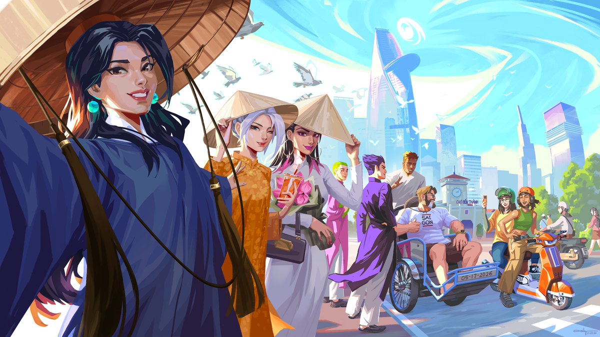 Huybe161190's tweet photo. Celebrating VCT Pacific in Ho Chi Minh City by joining the Fan Art Illustration contest by Valorant Viet Nam. This piece brings Valorant Agents into the heart of local Vietnamese culture.
Hope you like it!
#VALORANT #ValorantFanArt #digitalpainting  #Riotgames #illustration https://t.co/UCm6IrBHts