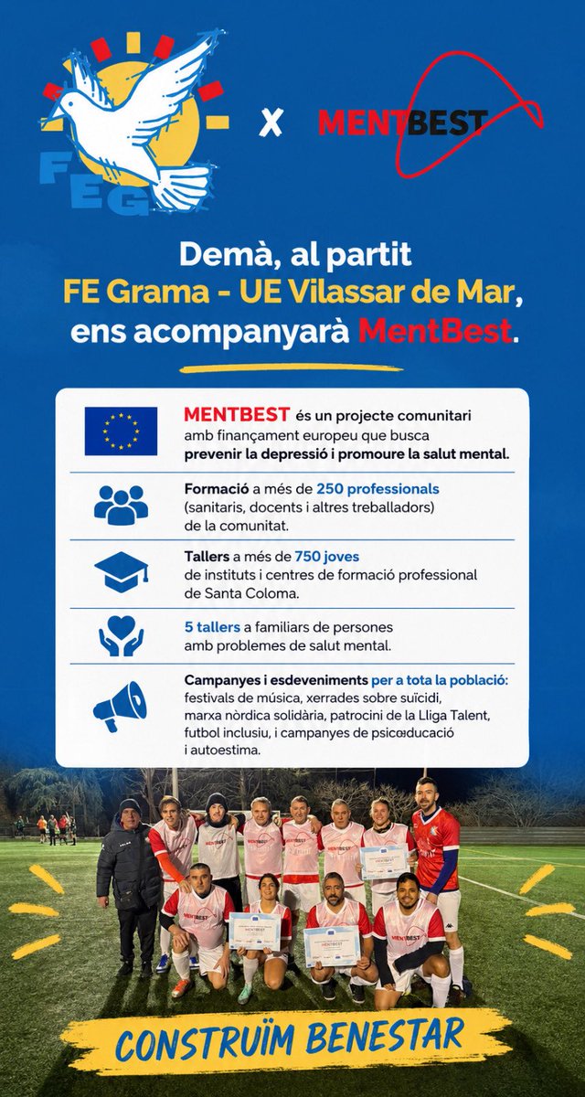 FundacioGrama's tweet photo. 🙌 Demà, al #GramaVilassar, ens acompanyarà MentBest!

🔝 Projecte comunitari amb finançament europeu que busca prevenir la depressió i promoure la salut mental.

Sereu molt benvinguts a l’Estadi, companys! 💙 https://t.co/BTokvNFjhZ