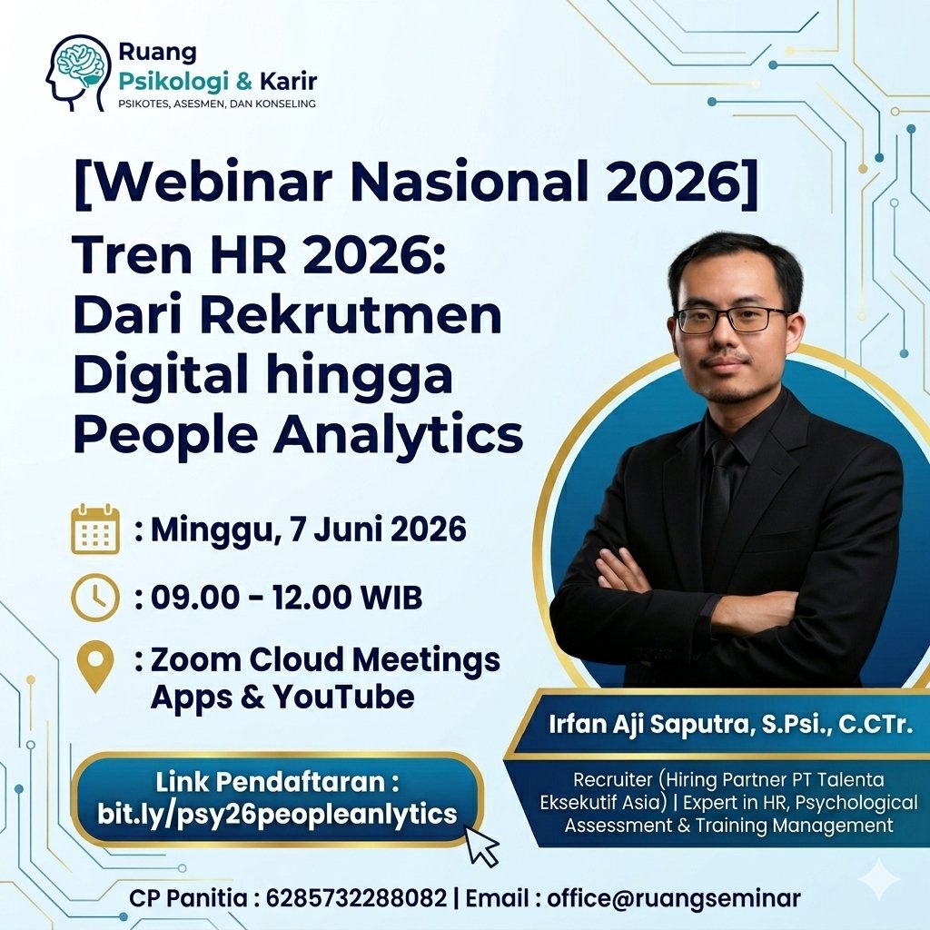 RuangSeminar's tweet photo. Media Partner
[Webinar Nasional 2026] Tren HR 2026: Dari Rekrutmen Digital hingga People Analytics

Webinar ini akan diselenggarakan pada :
🗓️ : Minggu, 7 Juni 2026
🕑 : 09.00 - 12.00 WIB
📍 : Zoom Cloud Meetings Apps &amp; YouTube

Link Pendaftaran : https://t.co/3NCVFQoxa7 https://t.co/J2XwLsOHjJ