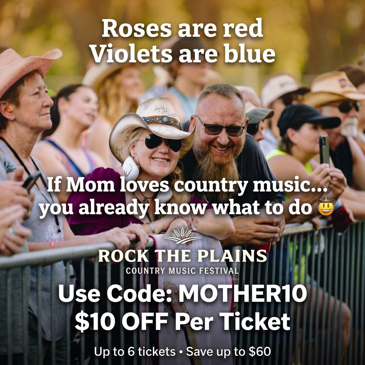RockThePlains's tweet photo. Roses are red
Violets are blue
If Mom loves country music…
you already know what to do 🤠

Skip the flowers. Give her Travis Tritt, Ian Munsick, Flatland Cavalry, Mark Chesnutt & more.

Use code MOTHER10 for $10 OFF each ticket (Up to 6 tickets — save up to $60)

Tag your mom 👇
or the one friend who’s definitely making this the Mother’s Day plan 😂

🎟️ https://t.co/pc4oprlINf