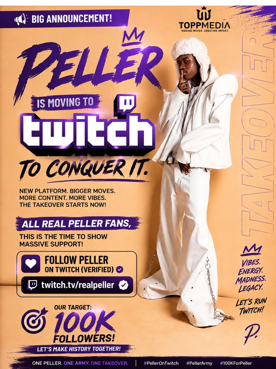 CovenantAnthon2's tweet photo. 🚨 BIG ANNOUNCEMENT 🚨
Peller is officially moving to Twitch to conquer the platform! 
The energy, the vibes, the madness… it’s about to go to a whole new level.
All real Peller fans, this is the time to show massive support 
Go follow Peller’s VERIFIED Twitch account...
#Peller https://t.co/j0qAIZKh1i