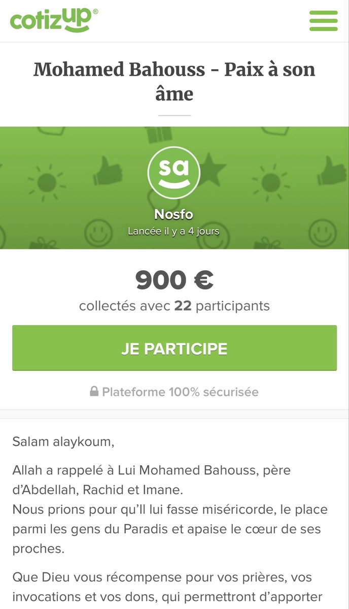 Inna lillahi wa inna ilayhi raji3oun.

Qu’Allah lui fasse miséricorde, je vous partage le lien de la cagnotte pour ceux qui souhaiteraient aider la famille du défunt 🤎

cotizup.com/mohamedbahouss