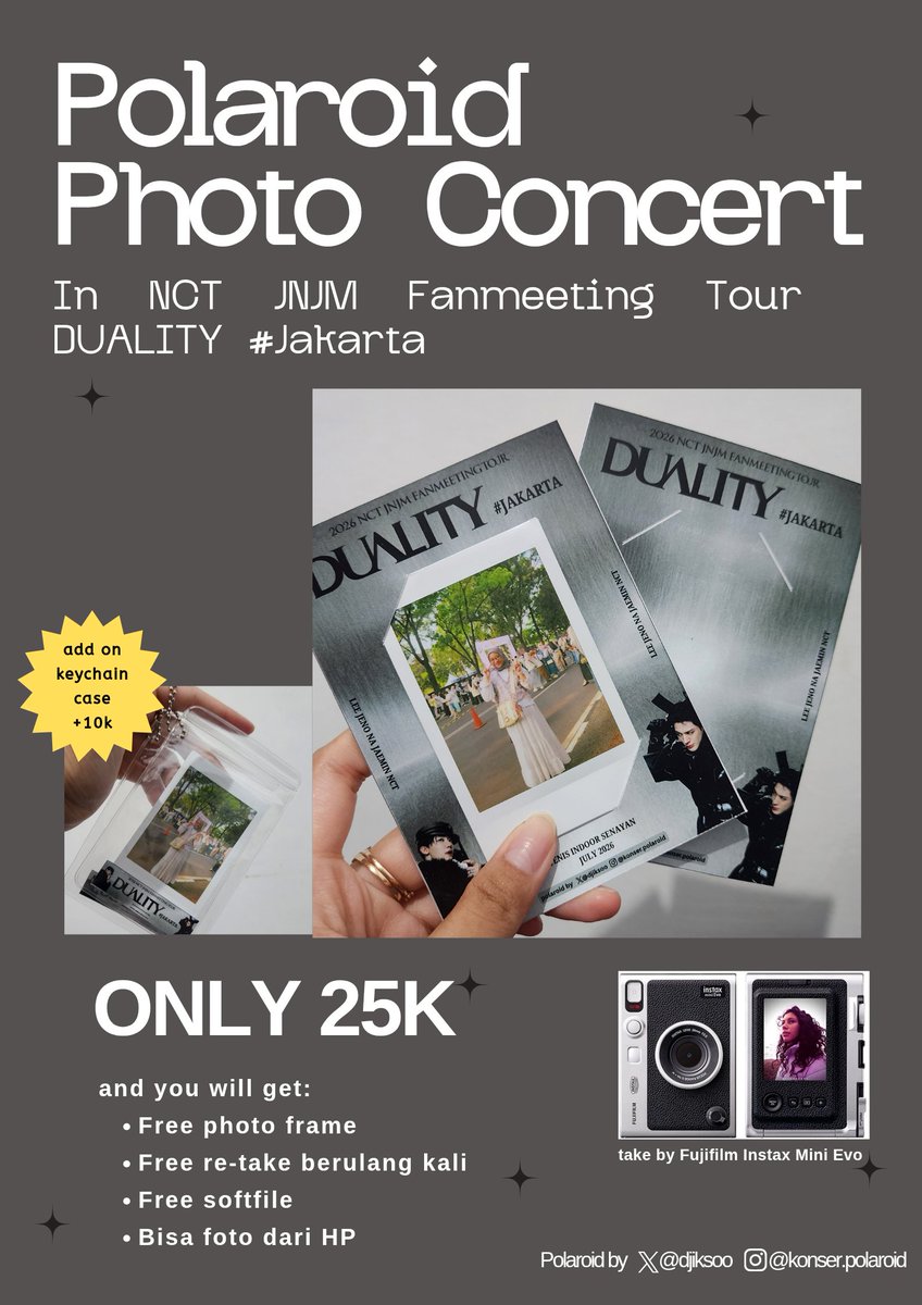 OPEN JASA CETAK POLAROID
NCT JNJM FANMEETING DUALITY JKT✨️

💸 25k/pcs
and you will get
💛 Frame
💛 Retake berulang kali
💛 Soft file foto
💛 Bisa foto dari HP
💛 Photo by Instax Mini Evo

add on Keychain case 10k✨️

booking/nanya2 dm ajaa😉#NCTJNJM_FANMEETING_TOUR_DUALITY