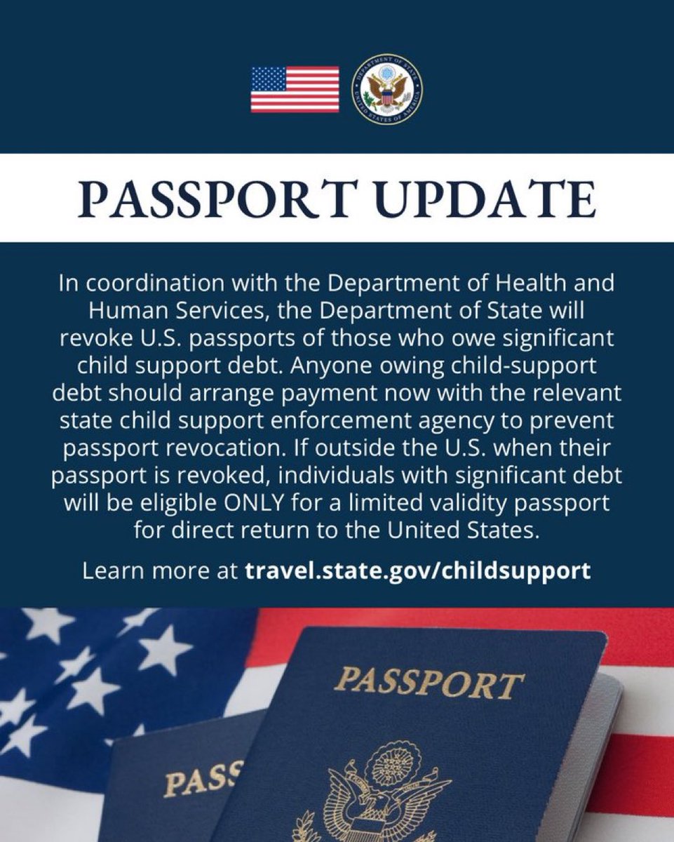 Si tienes deuda de pensión alimenticia (ASUME), te pueden revocar el pasaporte. 
Ojo con esto⬇️⬇️⬇️