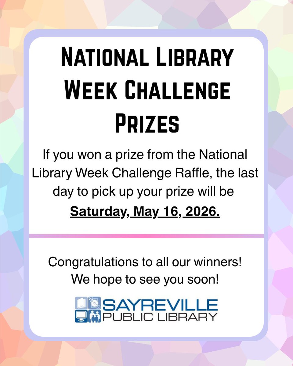 sfplibrary's tweet photo. To all the raffle winners! 🎉
The last day to pick up your raffle prizes will be Saturday, May 16, 2026. 
Visit us in the Children's Room and we can help get you your prize! https://t.co/J4MAnfApob