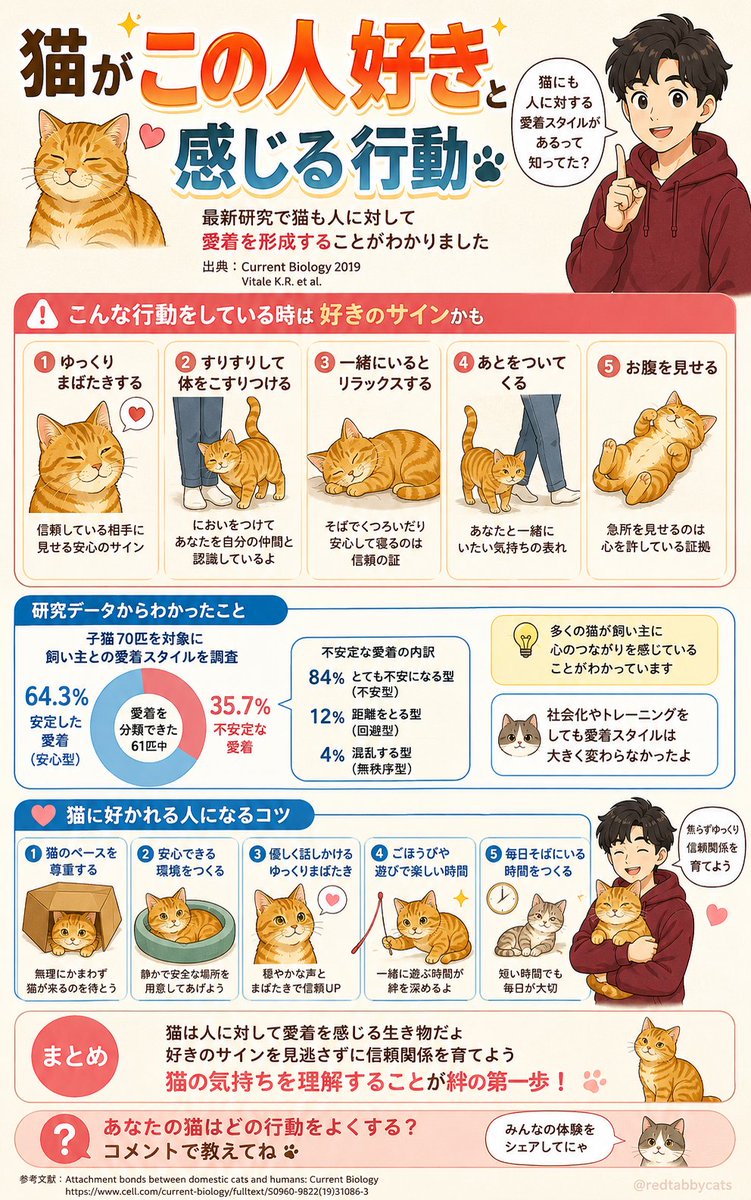😻猫が「この人好き」と感じる行動♥

猫は安心できる相手にだけ甘える傾向があり、約64％が飼い主に愛着を示しました😽

無理に触れ続けると距離を取る原因になることも🙀

この人好きと感じる行動をまとめました📘
あとで見返せるよう保存がおすすめ✨

あなたの猫はどんな時に甘えてきますか？🐾