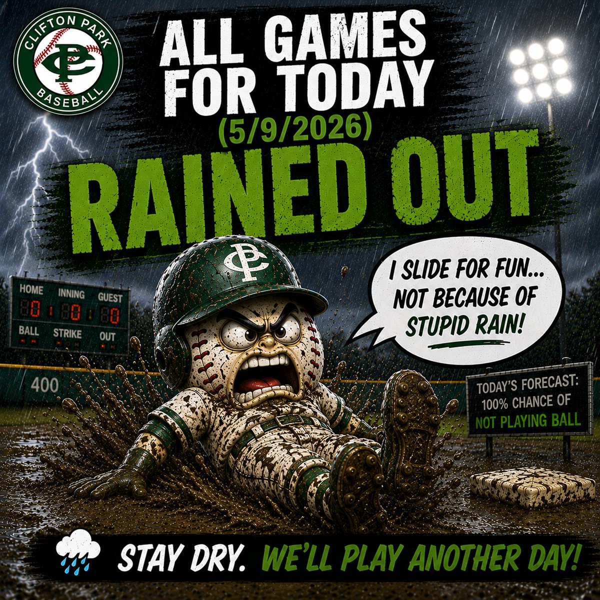 CPBaseball1's tweet photo. Saturday May 9th All Games Rained Out.
Unfortunately with the field conditions and the rain that will continue throughout the day, all games today are canceled. https://t.co/Z4btb860Wq