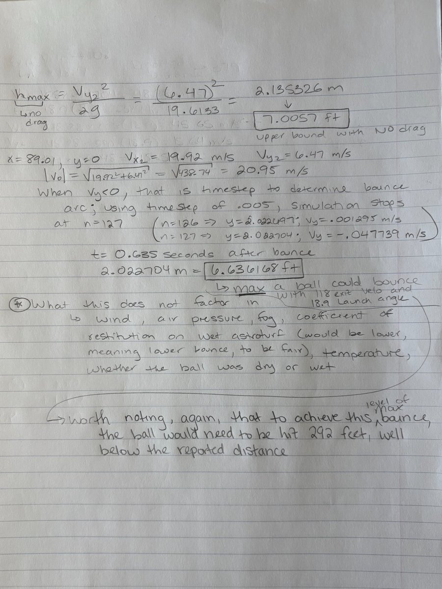 CJOlsonFB's tweet photo. To get max bounce at the LA (18.9) + EV (108), it would have needed to only go 292 feet (87 ft off) and would've only bounced 6.63 feet.

The fences are ~7 ft – that LA and EV could not result in a  ground rule double.

Note: not super confident on the math, so you've been warned https://t.co/J80UIO6VhY