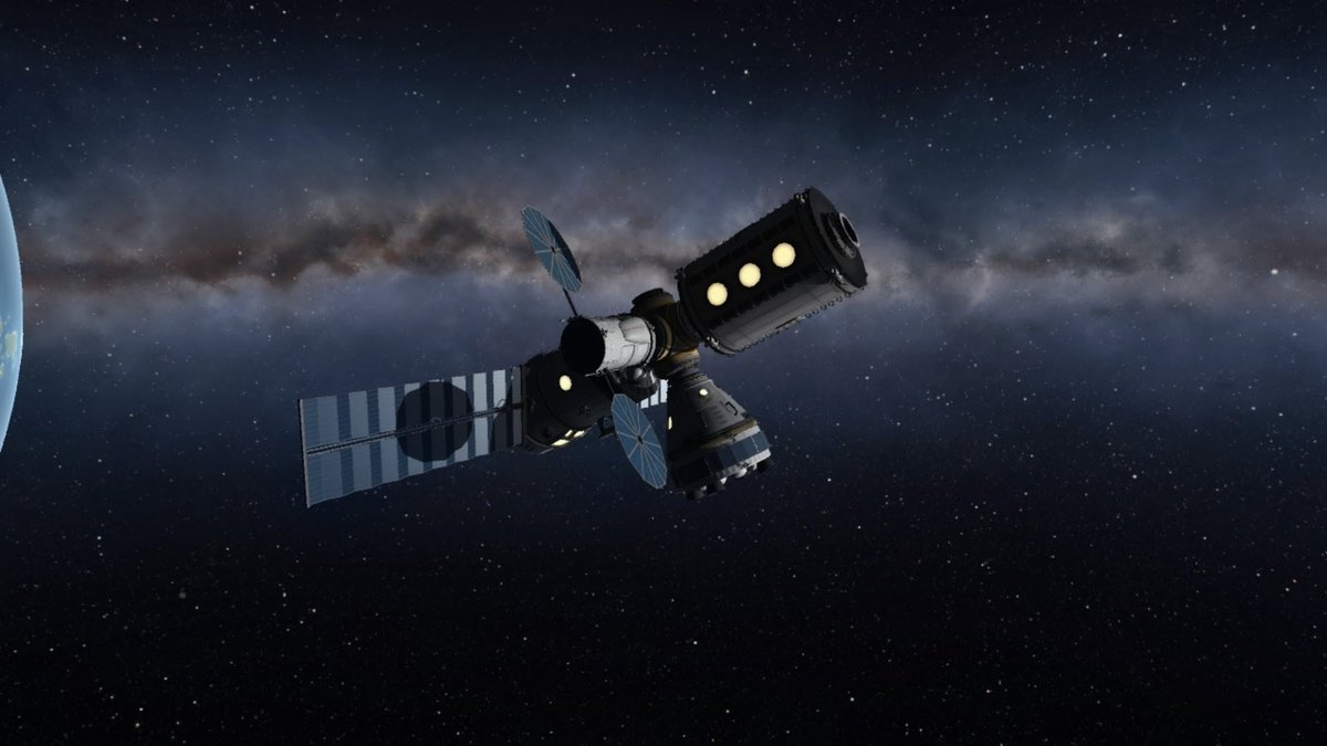 SpaceKitty_IX's tweet photo. Vague KSP station (with a crew vehicle and cargo vehicle attached) https://t.co/6utoVF4aL6