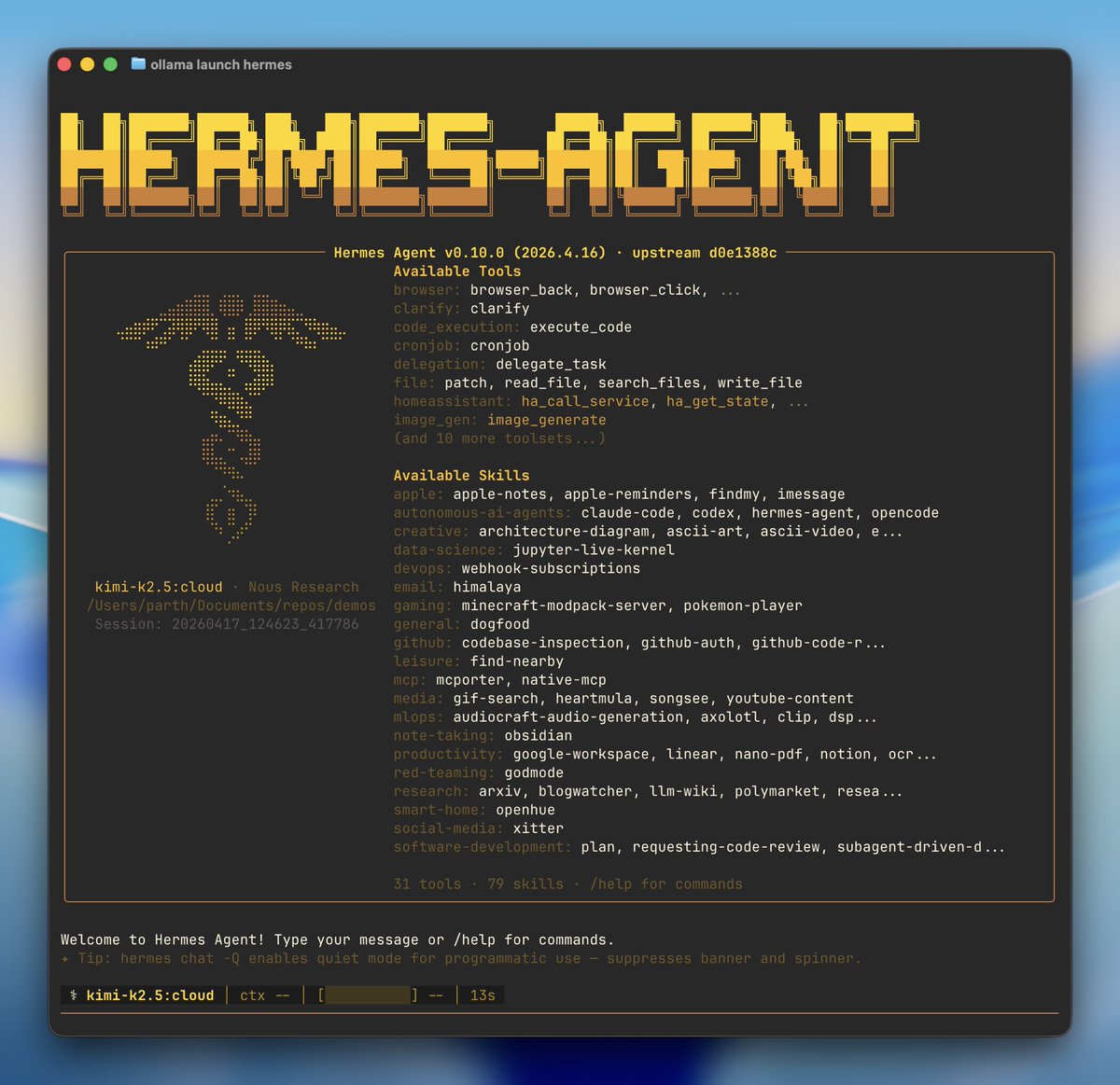 Hermes Agent terminal showing 31 available tools, 79 available skills, and a self-improving agent interface