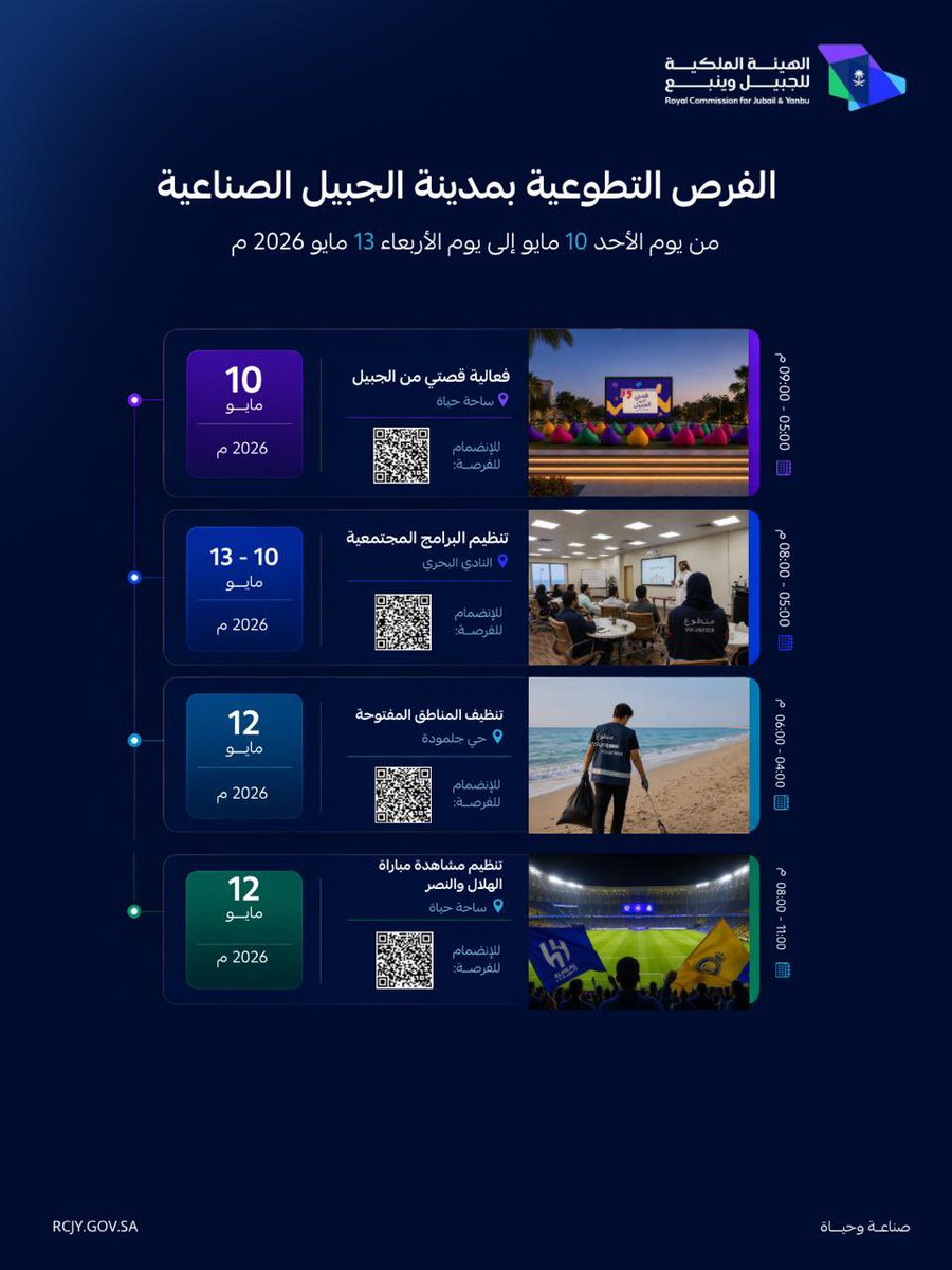 RCJY_Jubail's tweet photo. دعوة للانضمام في الفرص التطوعية خلال الفترة من 10 - 16 مايو 2026م بمدينة الجبيل الصناعية.

#العمل_التطوعي https://t.co/DmgQBAC6aq