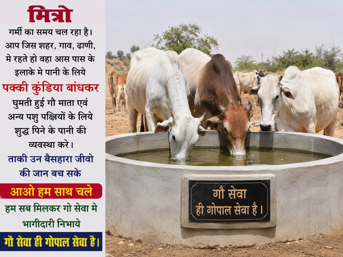 मित्रो गर्मी का समय चल रहा है। आप जिस शहर, गाव, ढाणि ,मे रहते हो  वहा आस पास के इलाके मे पानी के लीये पक्की कुंडीया बाँधकर घुमती हुई गौ माता एंव अन्य पशु पक्षियों के लीये शुद्ध पिने के पानी की व्यवस्था करे ।
हम सब मीलकर गो सेवा मे भागीदारी निभाये
गौ सेवा ही गोपाल सेवा है।