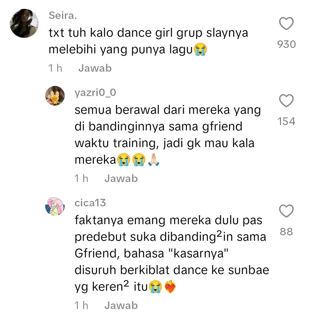 Ternyata alasan txt kalau ngedance selalu sinkron &amp; jago dance gg itu karena pas trainee mereka sering dibandingin sama gfriend 😭 Jadinya pada gak mau kalau sama para noona nya itu 😭 -star