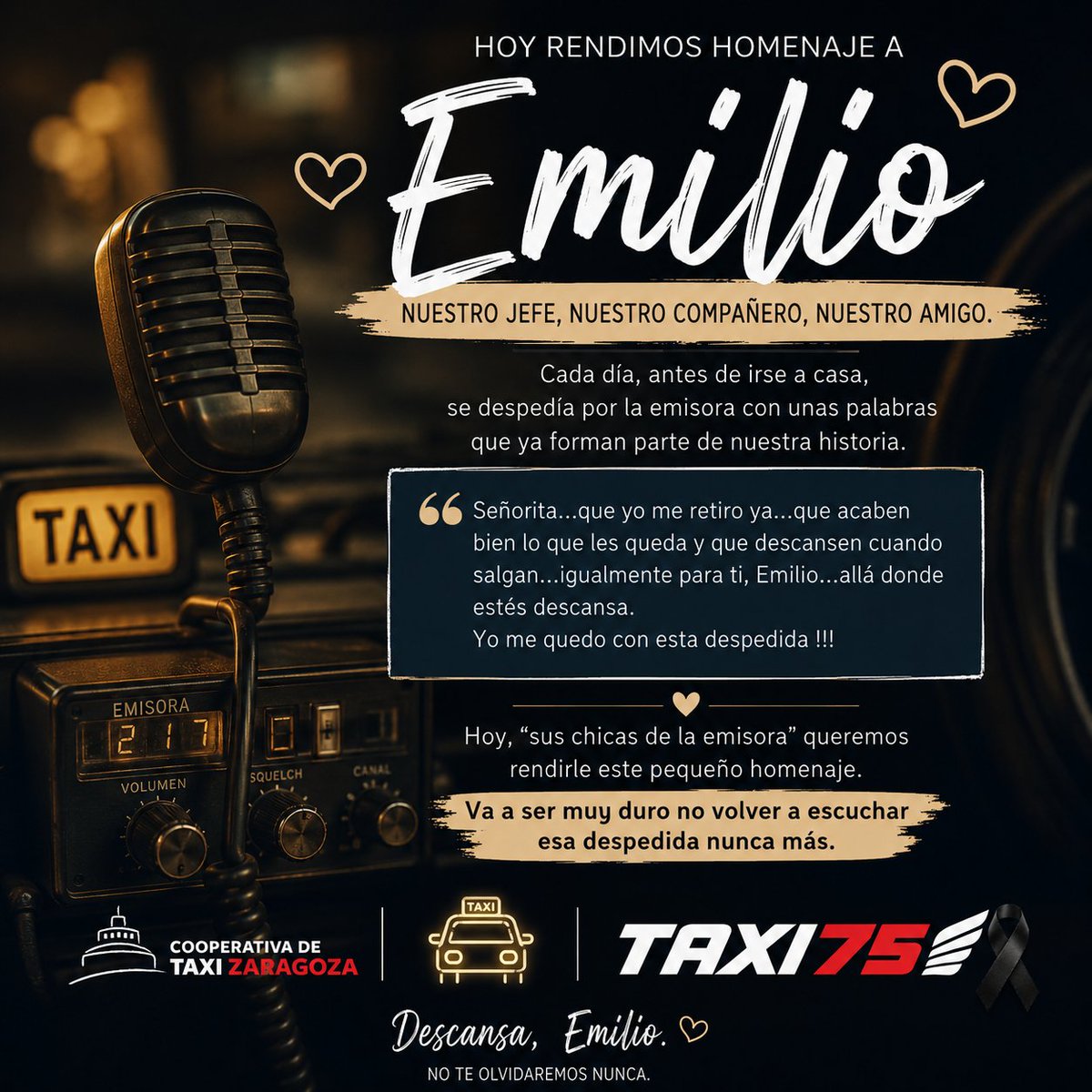 Radiotaxi75's tweet photo. “Señorita… que yo me retiro ya… que acaben bien lo que les queda y que descansen cuando salgan…”

Así, con esas palabras tan sencillas y tan suyas, se despedía cada día Emilio por la emisora antes de irse a casa.
Era mucho más que una rutina. Era su forma de cuidarlas. https://t.co/m6mzrOdlH4