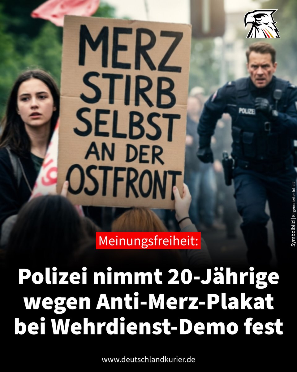 Deu_Kurier's tweet photo. Meinungsfreiheit: Polizei nimmt 20-Jährige wegen Anti-Merz-Plakat bei Wehrdienst-Demo fest

Bei einer Demonstration gegen den neuen Wehrdienst hat die Polizei in München eine 20-jährige Teilnehmerin vorübergehend festgenommen. Anlass war ein Plakat mit der Aufschrift „Merz stirb selbst an der Ostfront“. Gegen die Frau wurde ein Ermittlungsverfahren eingeleitet, berichtet „Apollo News“. Die Münchner Polizei habe den Sachverhalt bestätigt.

Nach Angaben der Polizei wurde die junge Frau kurzzeitig zur Identitätsfeststellung mitgenommen. Dabei sei es unter weiteren Teilnehmern zu Unruhe gekommen. Die Beamten hätten deshalb „unmittelbaren Zwang“ anwenden müssen. 

In mehreren deutschen Städten war im Zusammenhang mit dem neuen Wehrdienstrecht in den vergangenen Tagen zu Protesten aufgerufen worden. An der Münchner Demonstration nahmen nach Polizeiangaben rund 600 Personen teil. In Berlin sprach die Polizei von rund 1.200 Teilnehmern, in Hamburg nannte sie rund 2.300 Teilnehmer. In Essen soll die Polizei unter Androhung von Anzeigen verlangt haben, ein Banner mit der Aufschrift „Merz leck Eier“ herunterzunehmen. 

Hintergrund der Jugendproteste ist das seit Jahresbeginn geltende Gesetz über den neuen Wehrdienst. Es sieht unter anderem vor, dass junge Männer einen Fragebogen der Bundeswehr verpflichtend beantworten müssen. Männer, die ab dem 1. Januar 2008 geboren wurden, sollen zudem wieder verpflichtend gemustert werden.