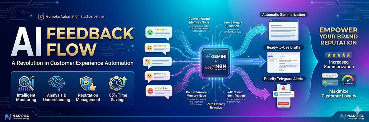 nar0ka's tweet photo. AI Feedback Flow: A Revolution in Customer Experience Automation

AI Feedback Flow is not just an automation script; it is an autonomous digital customer service department. The system integrates the computational power of Gemini AI, the flexibility of the n8n platform, and architectural precision in data processing.

1. The Concept: Intelligence vs. Information Noise

Traditional monitoring systems overwhelm managers with raw data. AI Feedback Flow solves this fundamentally through:
Synthesis of Data and Intelligence: The system "understands" context, effectively filtering constructive criticism from spam.

Deep Memory Architecture: Unlike standard bots, our solution possesses "institutional memory," recognizing clients by email and restoring the history of past interactions.

Zero Latency: Responses to negative feedback occur the instant a review enters the system, neutralizing conflicts before they escalate publicly.

2. Key Advantages and Resource Savings

Reclaiming up to 85% of Staff Time:
Automatic Summarization: AI condenses lengthy reviews into 2–3 key bullet points, allowing managers to grasp the essence in seconds.

Ready-to-Use Drafts: The system generates professional, empathetic, and context-aware responses. The manager simply clicks "Send."
Smart Sorting: Positive reviews are archived for statistics, while negative ones are routed as high-priority alerts to Telegram.

Professional-Grade Analytics:
360° Identification: Every AI response is strictly tied to the author's email via multi-level JavaScript processing. You always know who is writing and their lifetime value.

Predictive Sentiment Analysis: Advanced LLM models capture hidden sarcasm and passive aggression that conventional algorithms miss.

3. Functional Capabilities

Intelligent Memory Module: By linking sessions to a Session Key (User Email), the AI acts as a personal manager who remembers if a client had a delivery issue a month ago and adapts its tone accordingly.

Instant Response System (Telegram): Custom notification templates include priority status, direct contact data, and a pre-written response toolkit.

Structured Storage: All data flows are converted into strict JSON format and synced with Google Sheets, creating a perfect foundation for KPI, CSAT, and NPS reporting.

4. Operational Excellence

Scalability: Seamlessly handles anywhere from 10 to 10,000 reviews per day without the need for additional headcount.

Integration Flexibility: Powered by n8n, the system connects to any source—from website forms to major marketplace APIs.

Brand Identity: Responses are tuned to your specific Tone of Voice, ensuring brand consistency across all channels.

Elimination of Human Error: AI never tires, remains unphased by rudeness, and delivers consistently high-quality analysis 24/7.

Invest in your brand's loyalty now:👉https://t.co/LlnLRBiaJX

#AI #Automation #n8n #CustomerExperience #SaaS