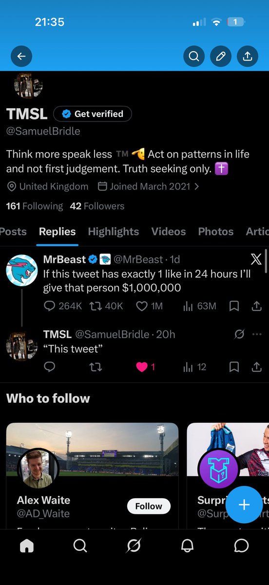 SamuelBridle's tweet photo. @MrBeast @MrBeast I feel like I’m the only one that rightfully won this with this post? Tell me how I’m wrong tho? 😅🙏 https://t.co/MrX0koaVHQ