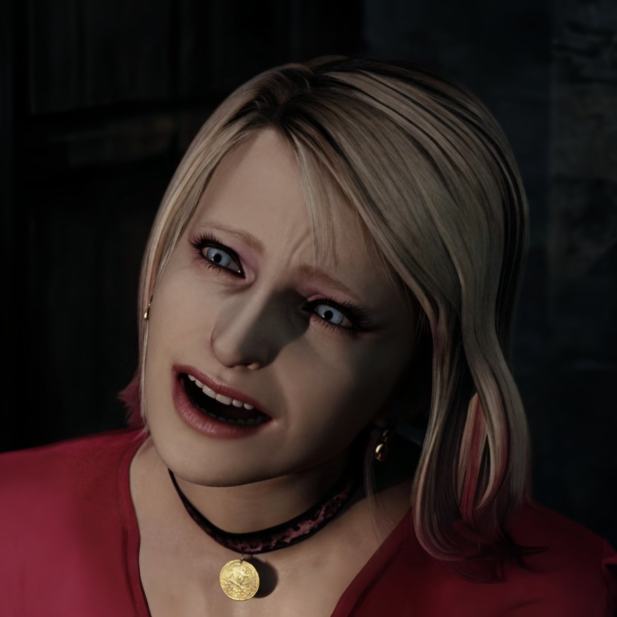 "All you care about is that dead wife of yours! I've never been so scared in my whole life!" 🦋
Maria is wearing earrings in this cutscene, which aren't visible in most (or all) other cutscenes and renders.
Renders restored and 4K upscaled by me. 
#silenthill #silenthill2