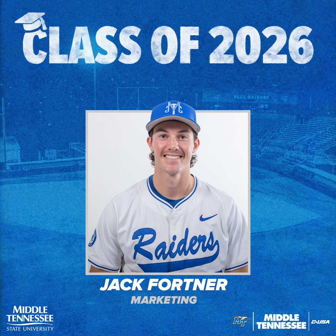 MT_Baseball's tweet photo. 𝐂𝐨𝐧𝐠𝐫𝐚𝐭𝐬 on the degree, Jack Fortner! 

📍 Mt. Juliet, Tennessee
📜 B.S. Marketing
🏛️ @MTSU - Jennings A. Jones College of Business

#BLUEnited | #BlueCrew https://t.co/JCi36Q60sa