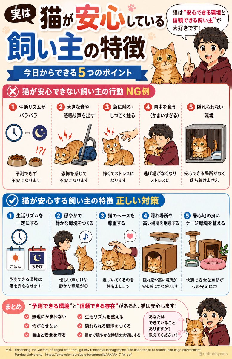 🐱その接し方大丈夫？🍀

生活リズムが毎日バラバラだと猫は安心できないことがあります。
急に触る。大きな音。かまいすぎもストレスや食欲低下に🙀
「猫が安心している飼い主の特徴」をまとめました📖
あとで見返せるよう保存がおすすめです✨

あなたの猫はどんな時に安心した表情を見せますか？🐾