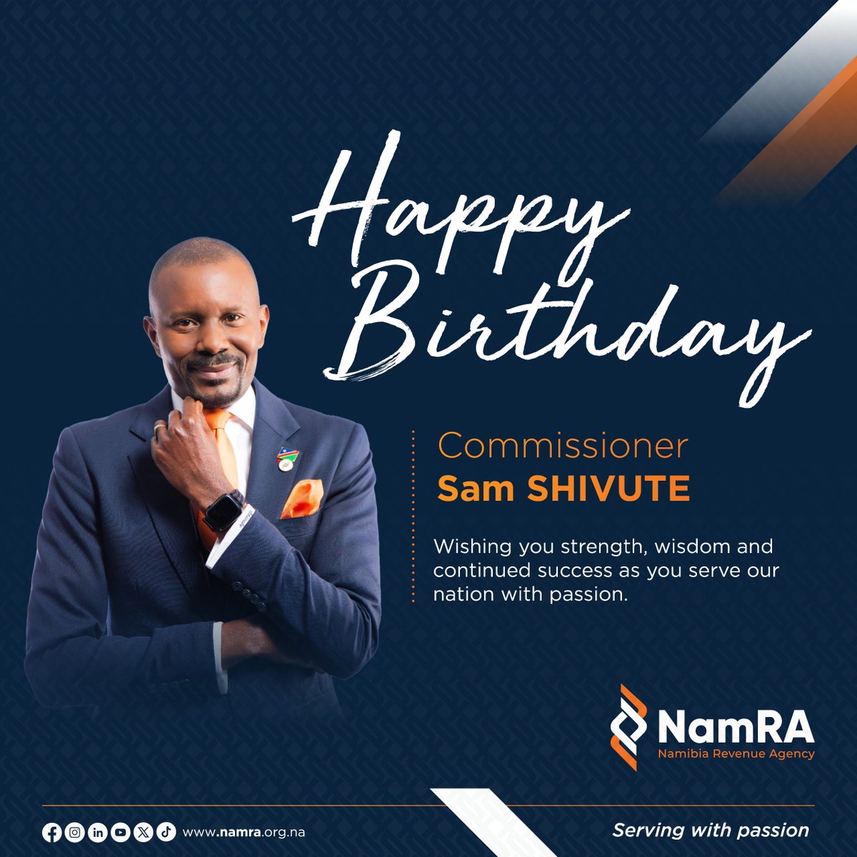 NamRA_org_na's tweet photo. Join us in wishing Commissioner Sam SHIVUTE a very Happy Birthday. Wishing him continued strength, wisdom and success as he leads with passion and purpose.
#HappyBirthday #NamRA #ServingWithPassion https://t.co/tx0pnom1gE