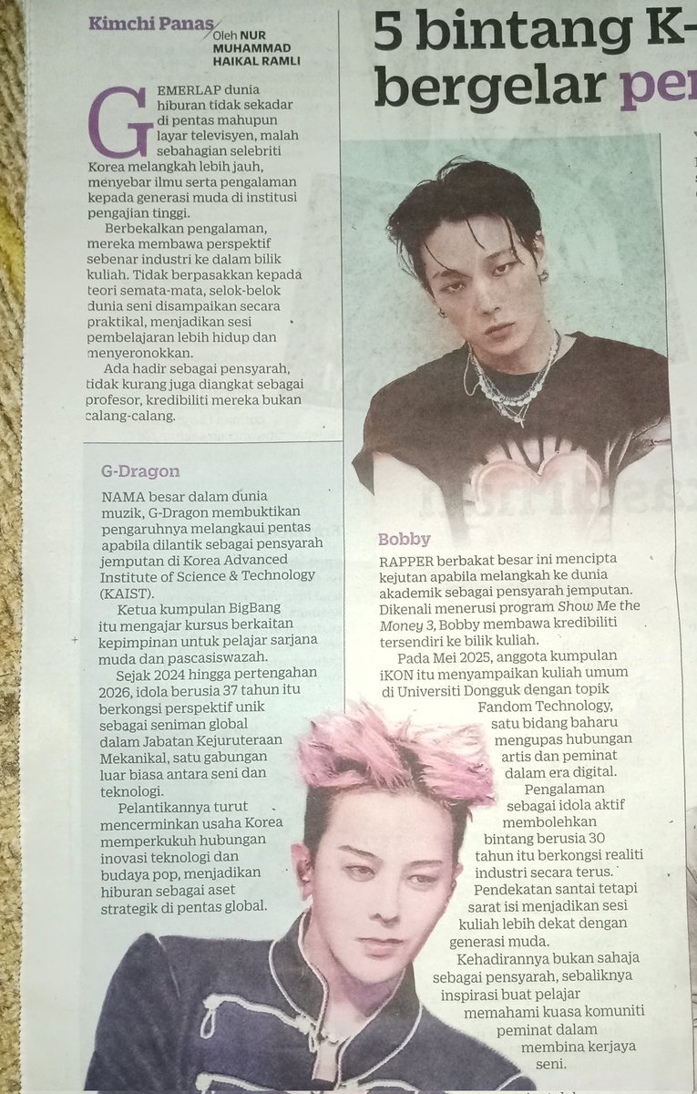 Bobby was mentioned in Malaysian newspaper 'Kosmos!' as 1 of Kpop stars that become lecturers!

"His presence is not only as a lecturer, but also as an inspiration for students to understand the power of a community of fans in building an artistic career"

#BOBBY <a href="/bobbyranika/">김지</a>