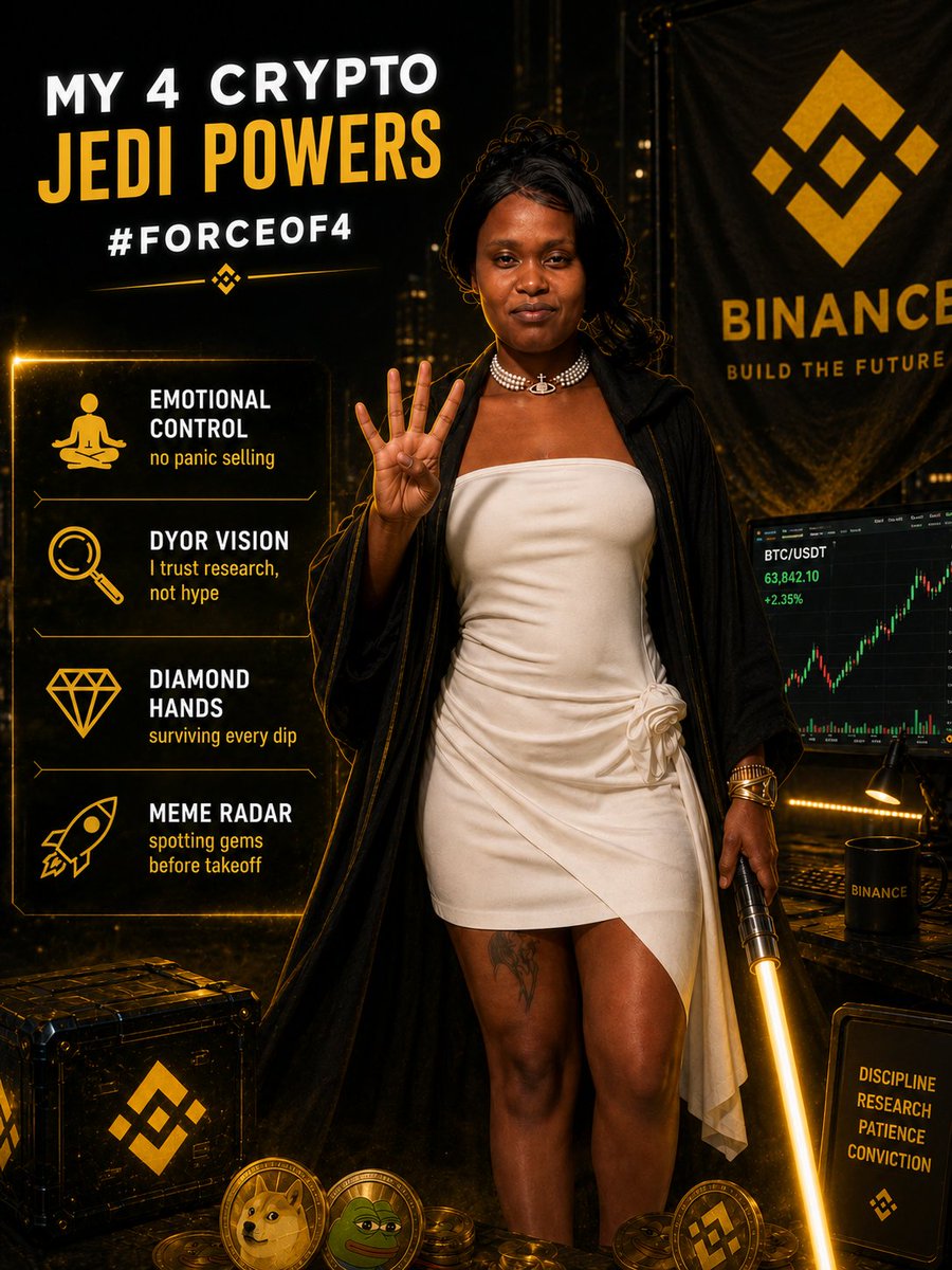 Lovinsjacky's tweet photo. @BinanceAngels @Spigg1115 @binance @cz_binance ⚡️ My 4 Crypto Jedi Powers:
🧘 Emotional Control — no panic selling
🔍 DYOR Vision — I trust research, not hype
💎 Diamond Hands — surviving every dip
🚀 Meme Radar — spotting gems before takeoff
#ForceOf4 https://t.co/dU7AF9KFMw